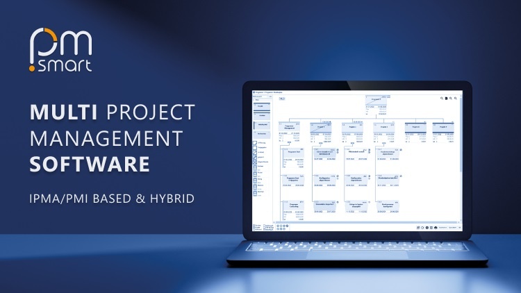© Evoloso Organisationssoftware & Consulting GmbH Logo im Vordergrund und Mann sowie Projektion der Projektmanagement-Software im Hintergrund